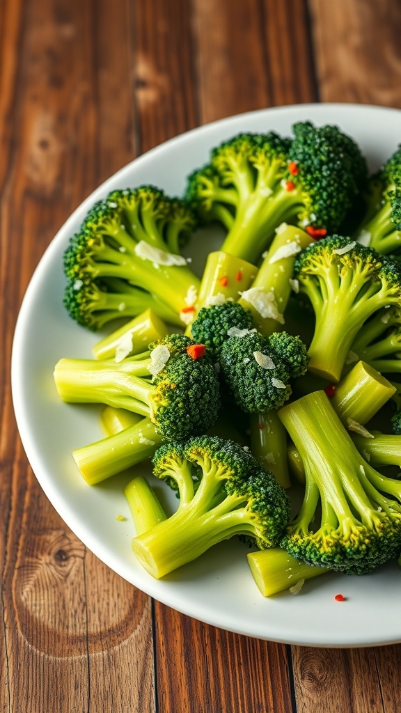 A plate of seasoned broccoli florets with garlic and Parmesan cheese on a rustic table.